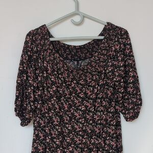 Off-Shoulder Floral Midi Dress in Pink and Black